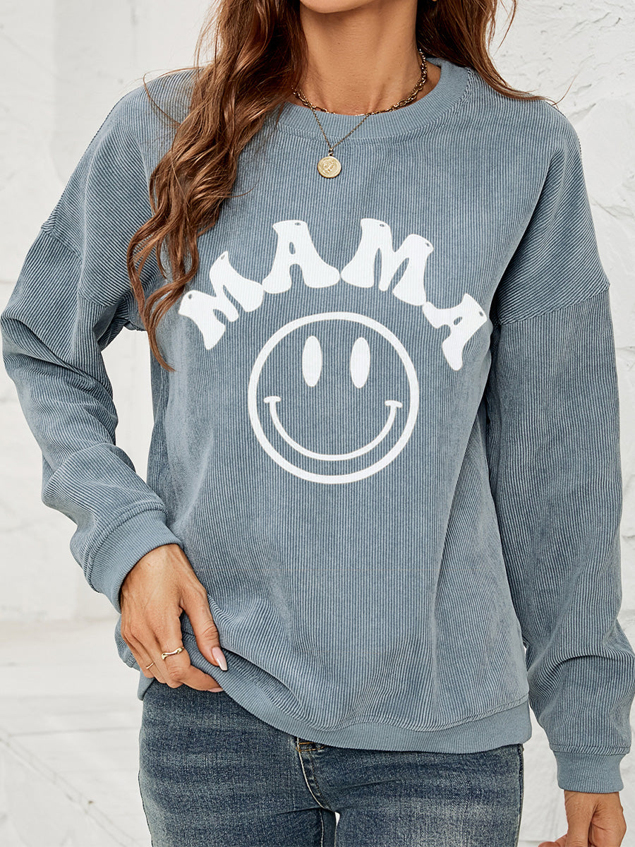 Corded sweatshirt in blue with smiley face and says "MAMA"